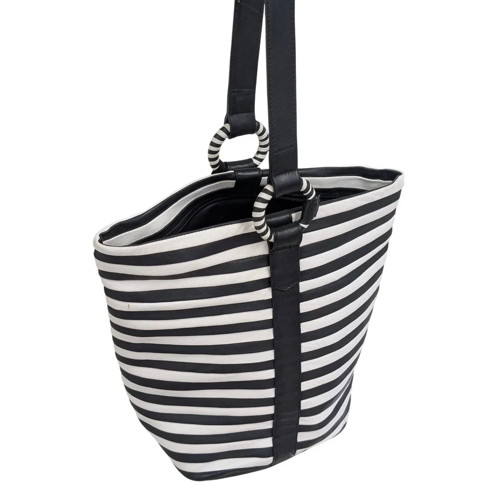 I. Magnin Vintage Black White Striped Leather Shoulder Bag Made in Italy